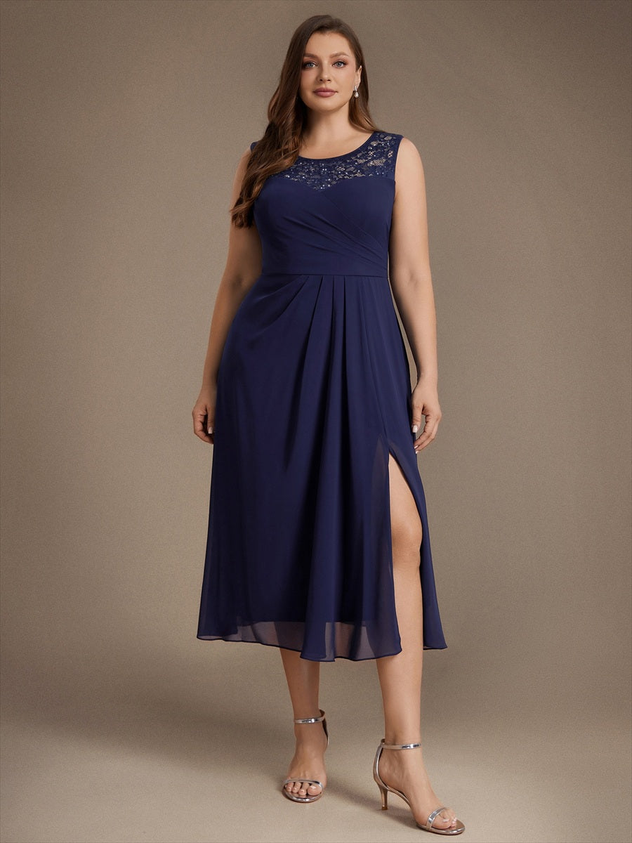 Plus Size See-through Sequin Lace&Chiffon Wedding Guest Dress #color_Navy Blue