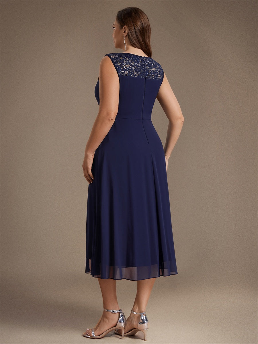 Plus Size See-through Sequin Lace&Chiffon Wedding Guest Dress #color_Navy Blue