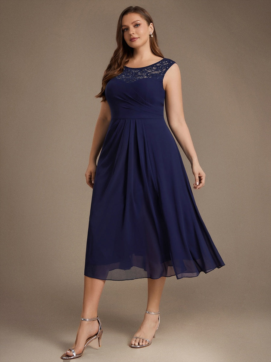 Plus Size See-through Sequin Lace&Chiffon Wedding Guest Dress #color_Navy Blue