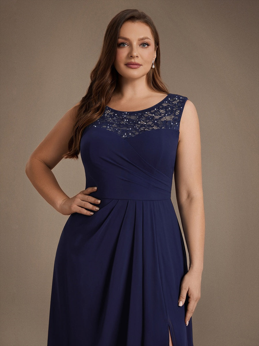 Plus Size See-through Sequin Lace&Chiffon Wedding Guest Dress #color_Navy Blue