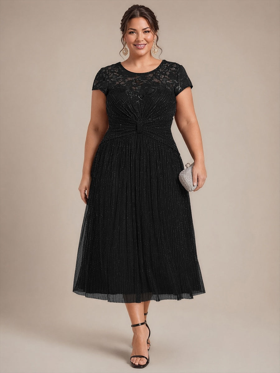Tulle Cap Sleeve A-Line Wedding Guest Dress #color_Black