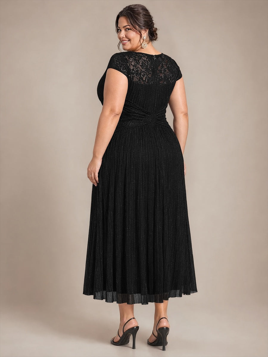 Plus Size Tulle Cap Sleeve Wedding Guest Dress #color_Black