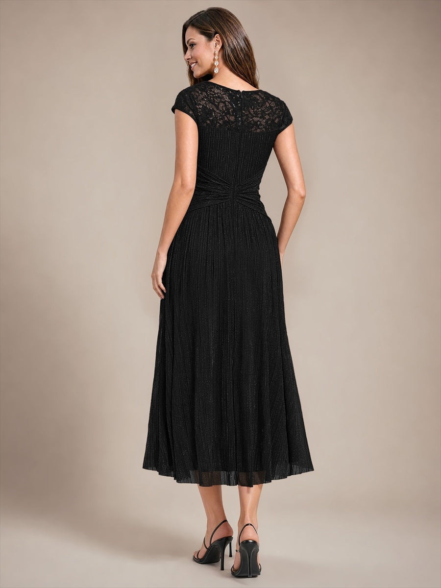 Tulle Cap Sleeve A-Line Wedding Guest Dress #color_Black