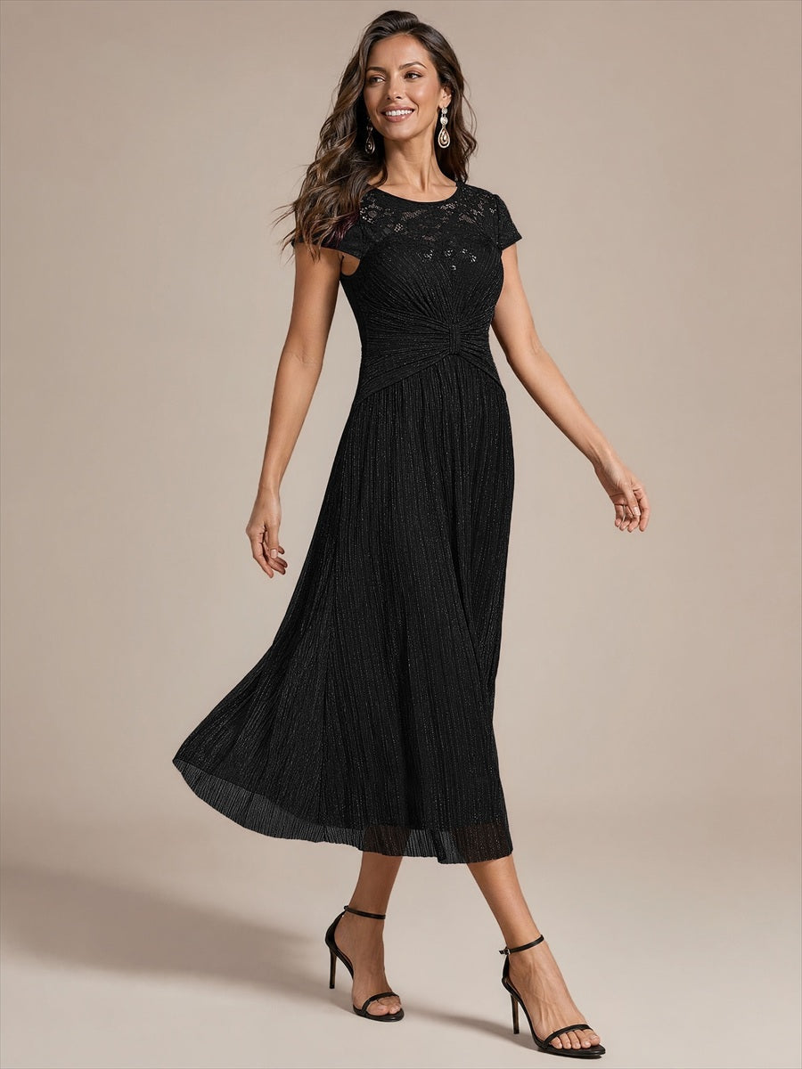 Tulle Cap Sleeve A-Line Wedding Guest Dress #color_Black