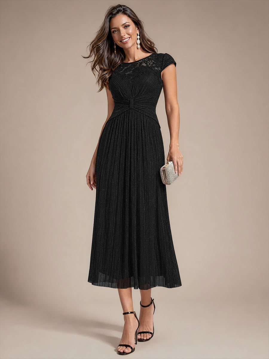 Tulle Cap Sleeve A-Line Wedding Guest Dress #color_Black