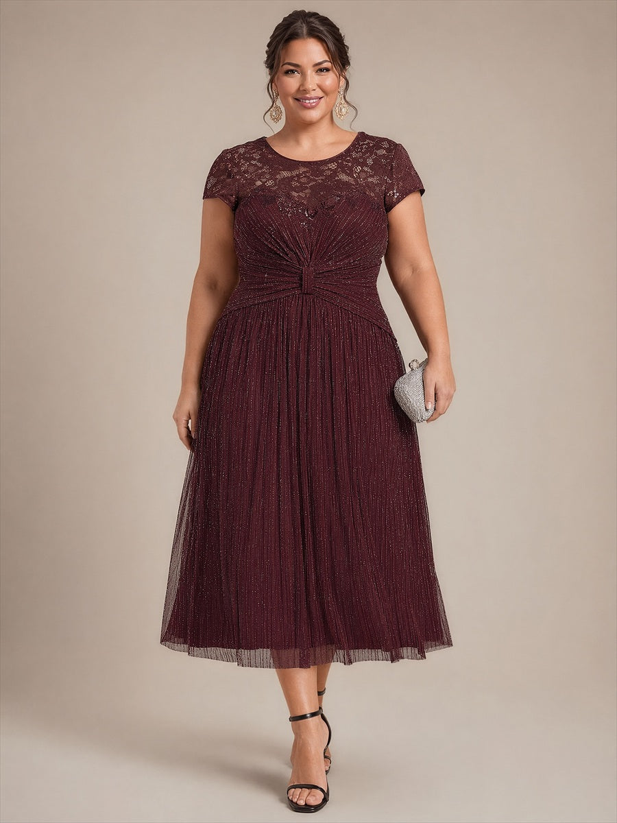 Tulle Cap Sleeve A-Line Wedding Guest Dress #color_Mahogany Brown
