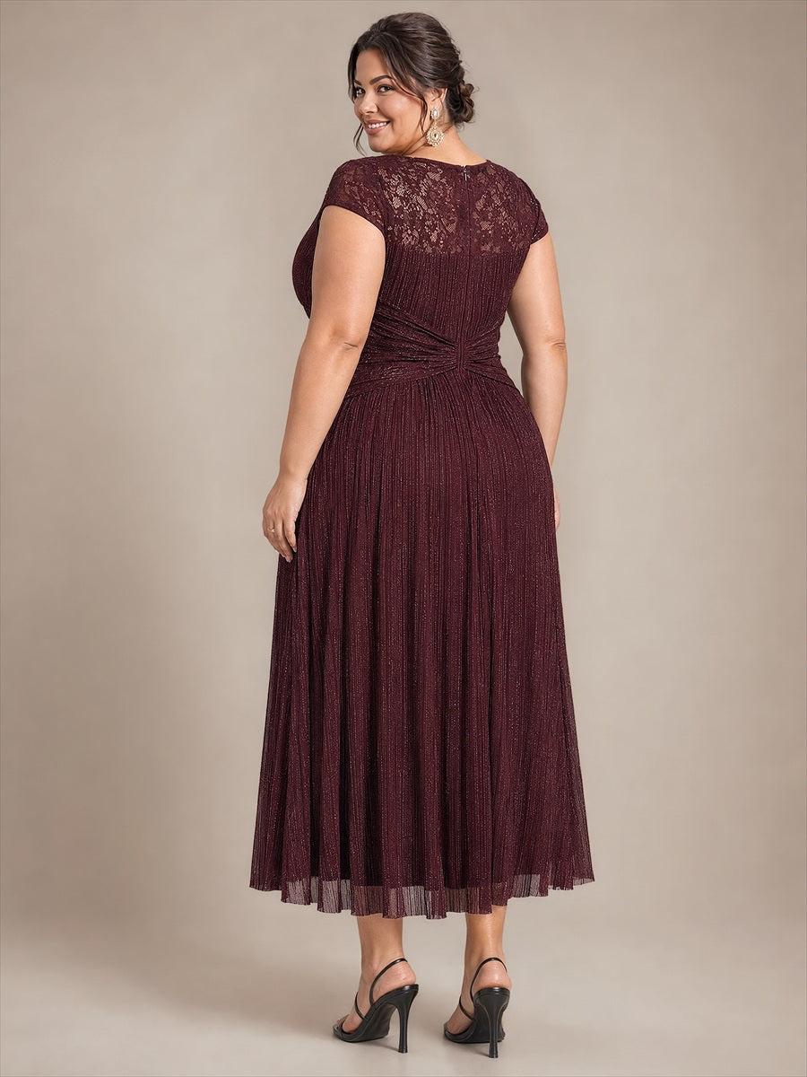 Plus Size Tulle Cap Sleeve Wedding Guest Dress #color_Mahogany Brown