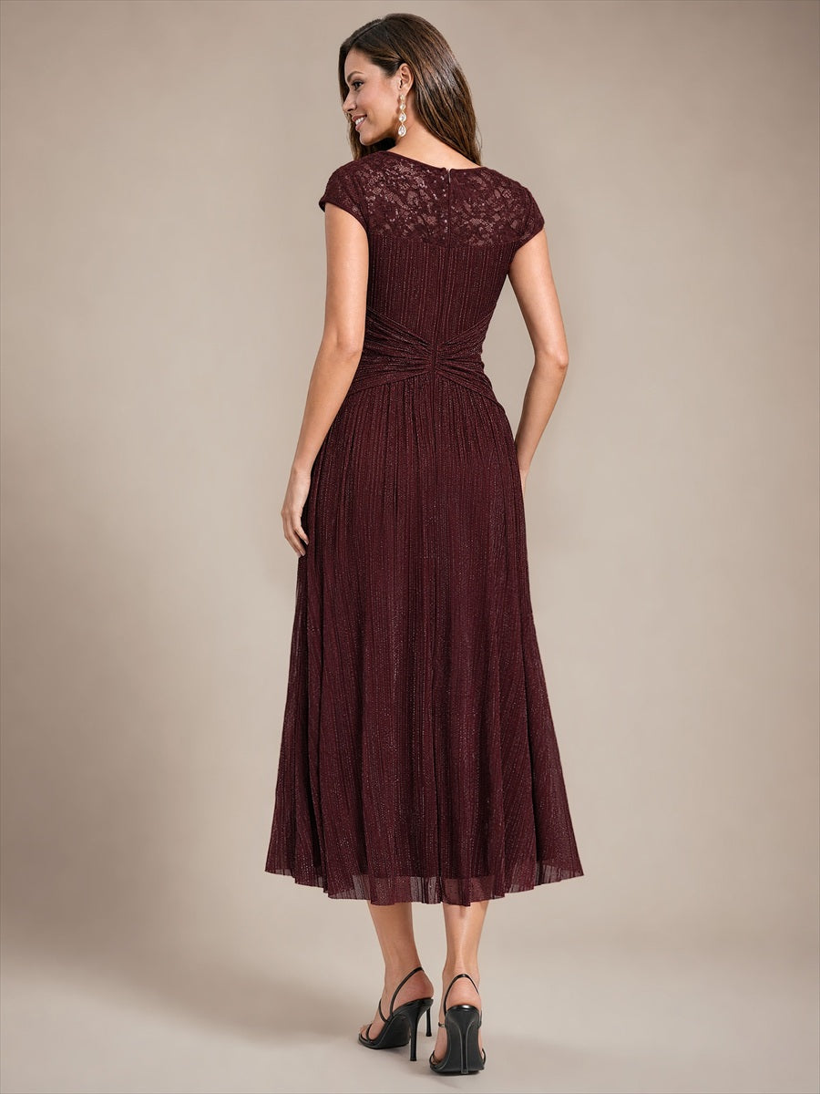 Tulle Cap Sleeve A-Line Wedding Guest Dress #color_Mahogany Brown