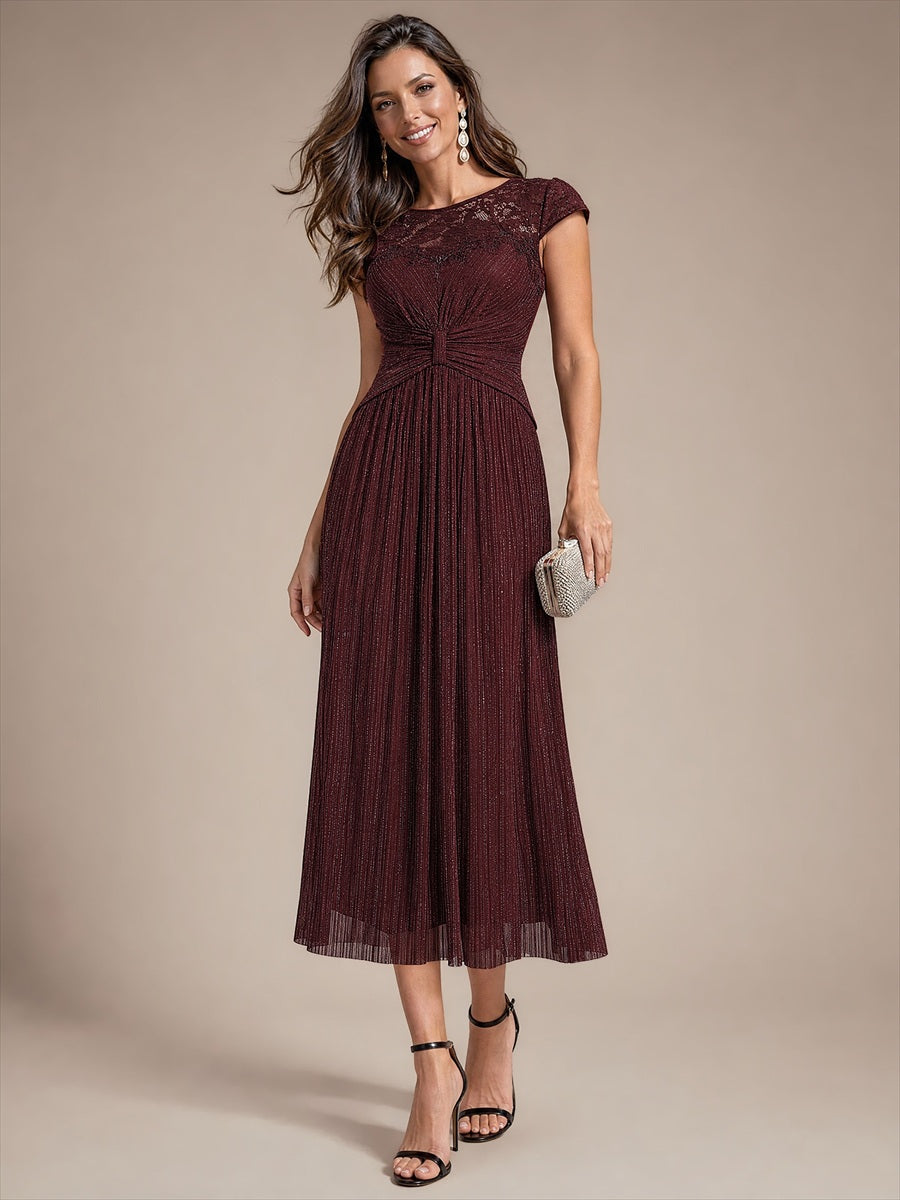 Tulle Cap Sleeve A-Line Wedding Guest Dress #color_Mahogany Brown
