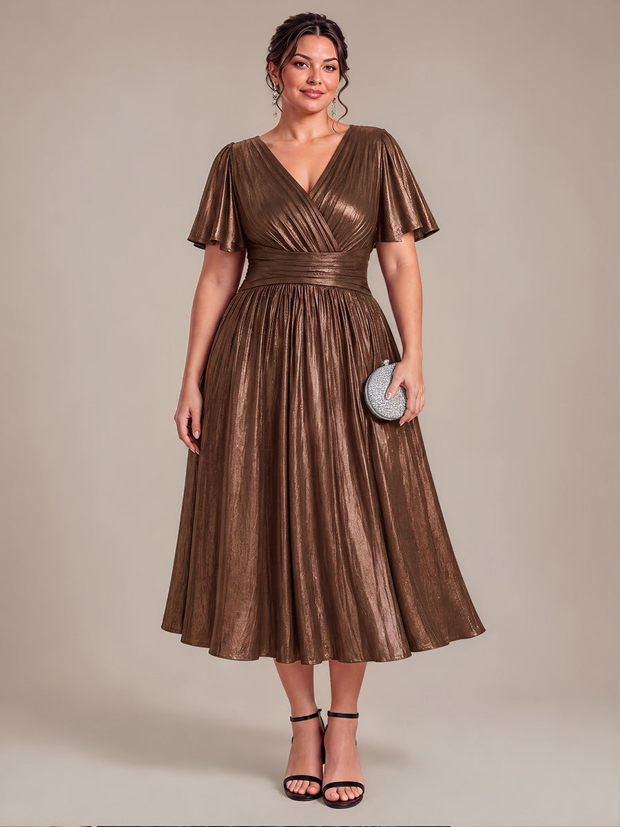 Metallic Knit Ruffle Sleeve Full Skirt Wedding Guest Dress #color_Chocolate Brown