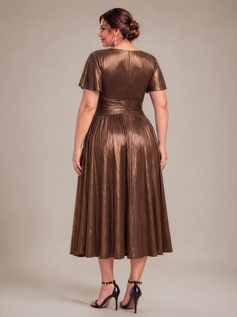 Plus Size Metallic Knit Ruffle Sleeve Wedding Guest Dress #color_Chocolate Brown