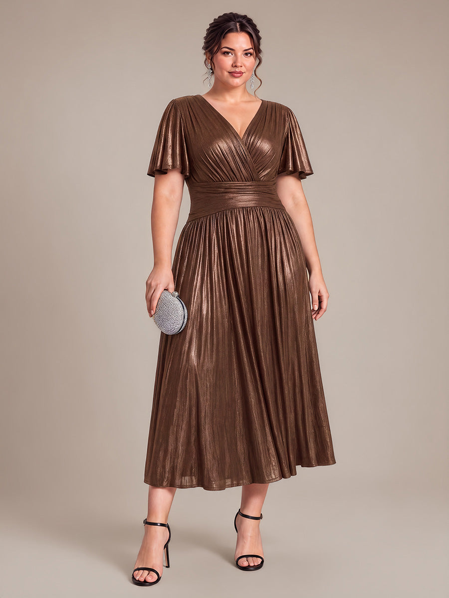 Metallic Knit Ruffle Sleeve Full Skirt Wedding Guest Dress #color_Chocolate Brown