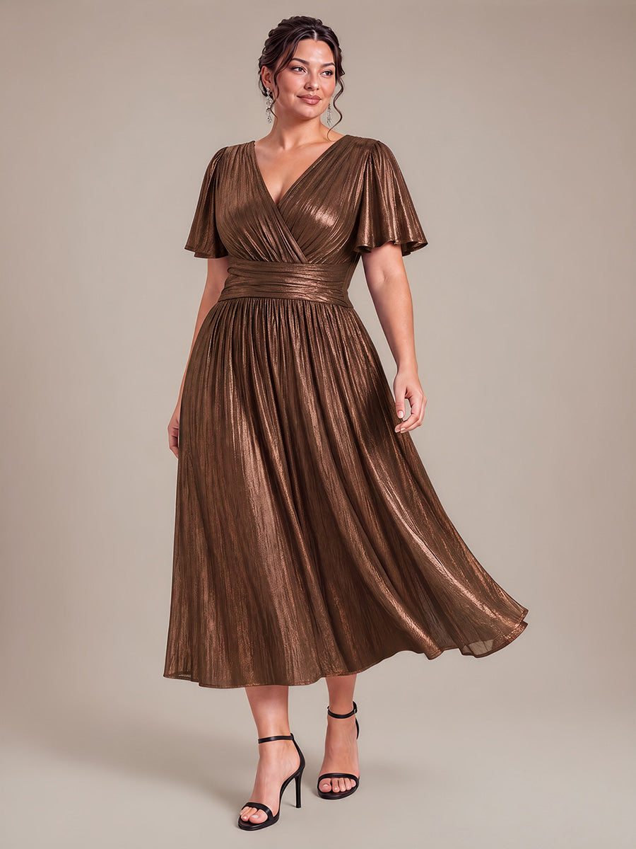 Plus Size Metallic Knit Ruffle Sleeve Wedding Guest Dress #color_Chocolate Brown