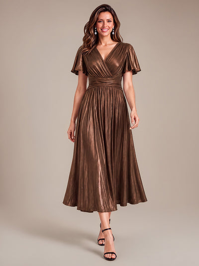 Metallic Knit Ruffle Sleeve Full Skirt Wedding Guest Dress
