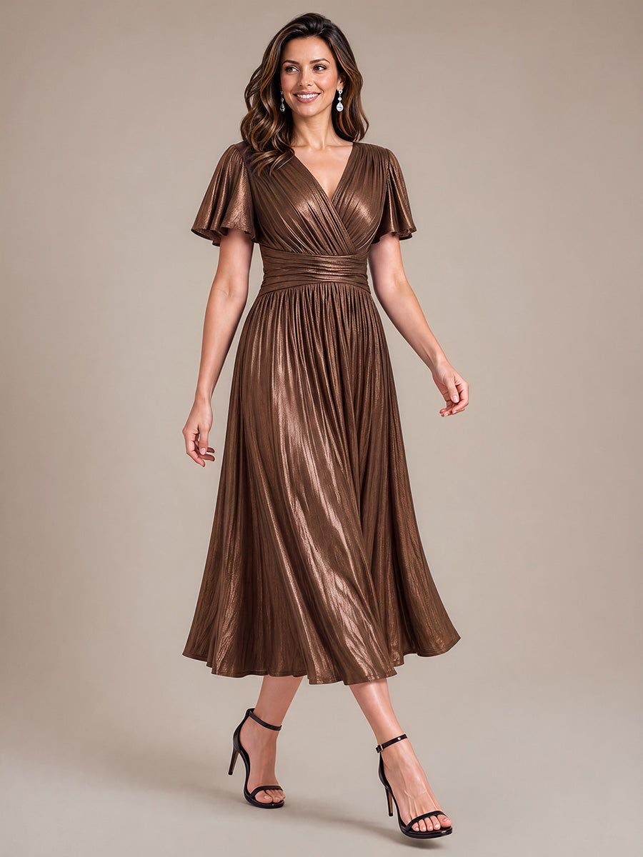Metallic Knit Ruffle Sleeve Full Skirt Wedding Guest Dress #color_Chocolate Brown