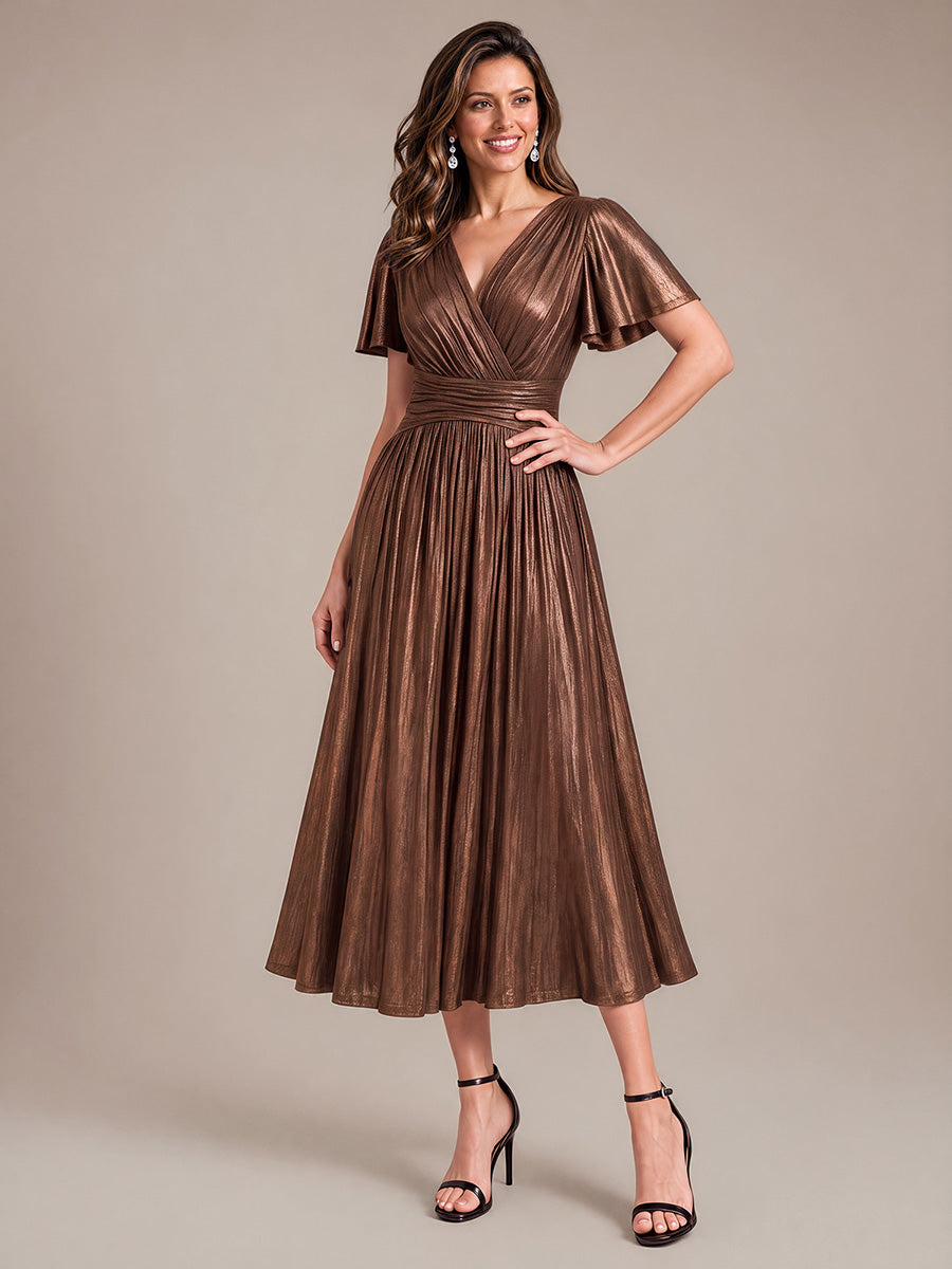 Metallic Knit Ruffle Sleeve Full Skirt Wedding Guest Dress #color_Chocolate Brown