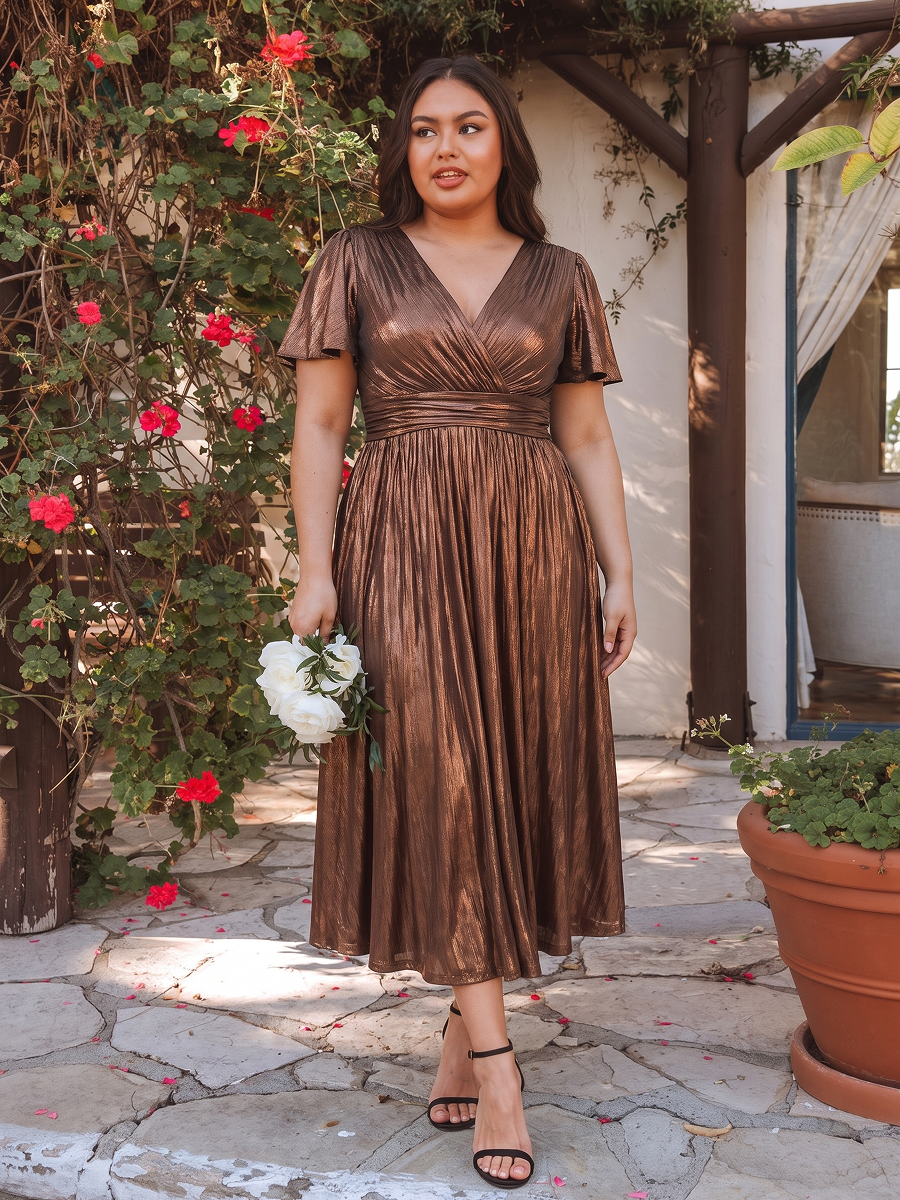 Plus Size Metallic Knit Ruffle Sleeve Wedding Guest Dress #color_Chocolate Brown