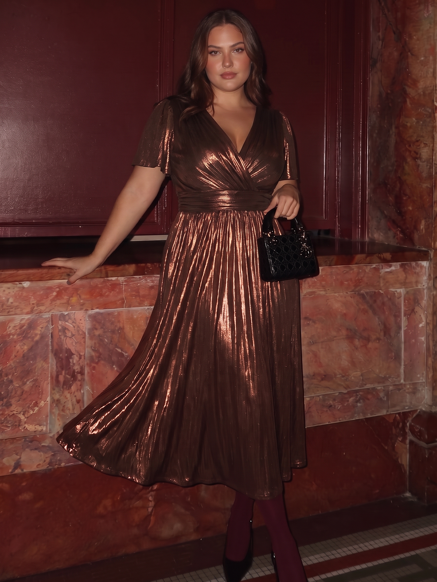 Metallic Knit Ruffle Sleeve Full Skirt Wedding Guest Dress #color_Chocolate Brown