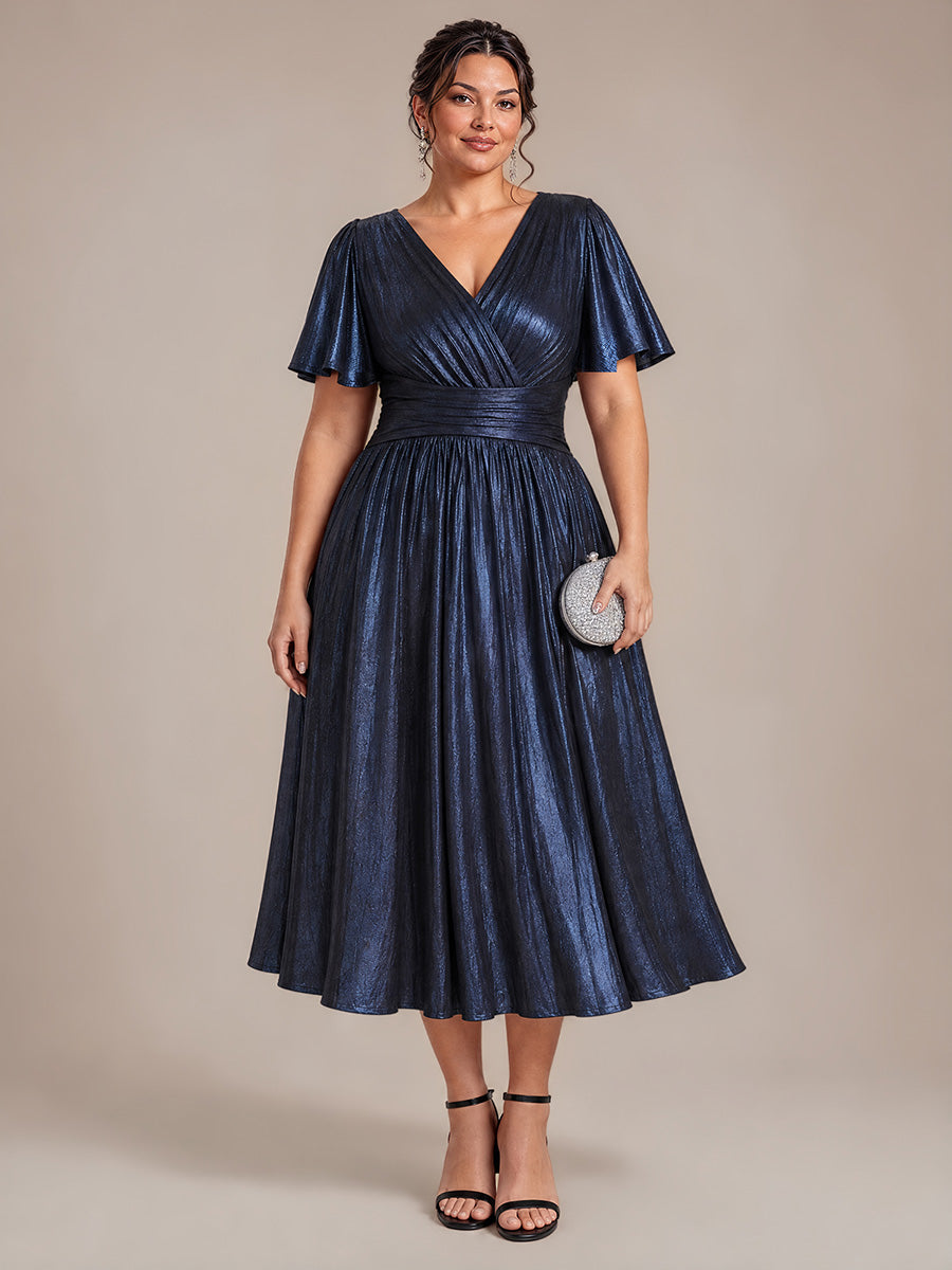 Metallic Knit Ruffle Sleeve Full Skirt Wedding Guest Dress #color_Navy Blue