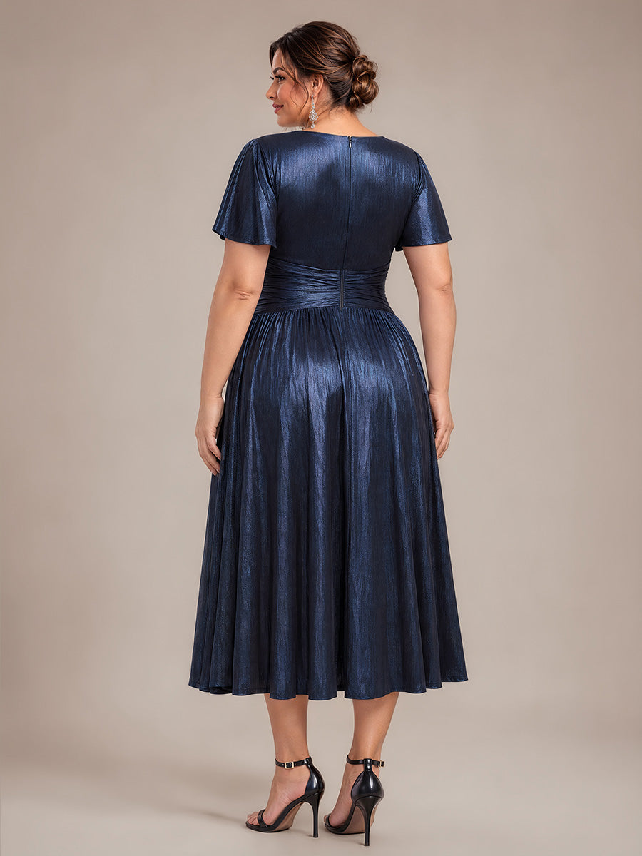 Metallic Knit Ruffle Sleeve Full Skirt Wedding Guest Dress #color_Navy Blue