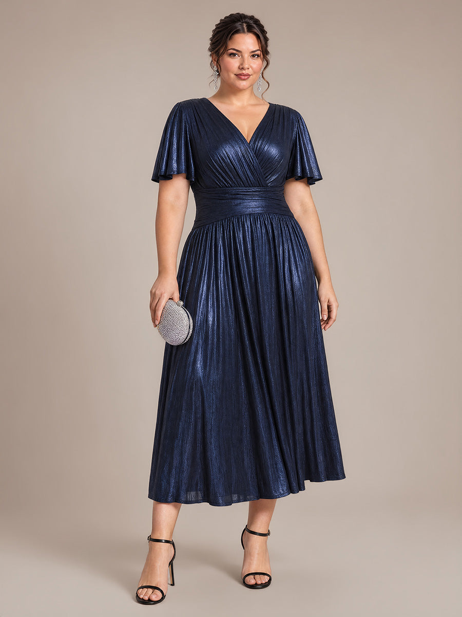 Plus Size Metallic Knit Ruffle Sleeve Wedding Guest Dress #color_Navy Blue
