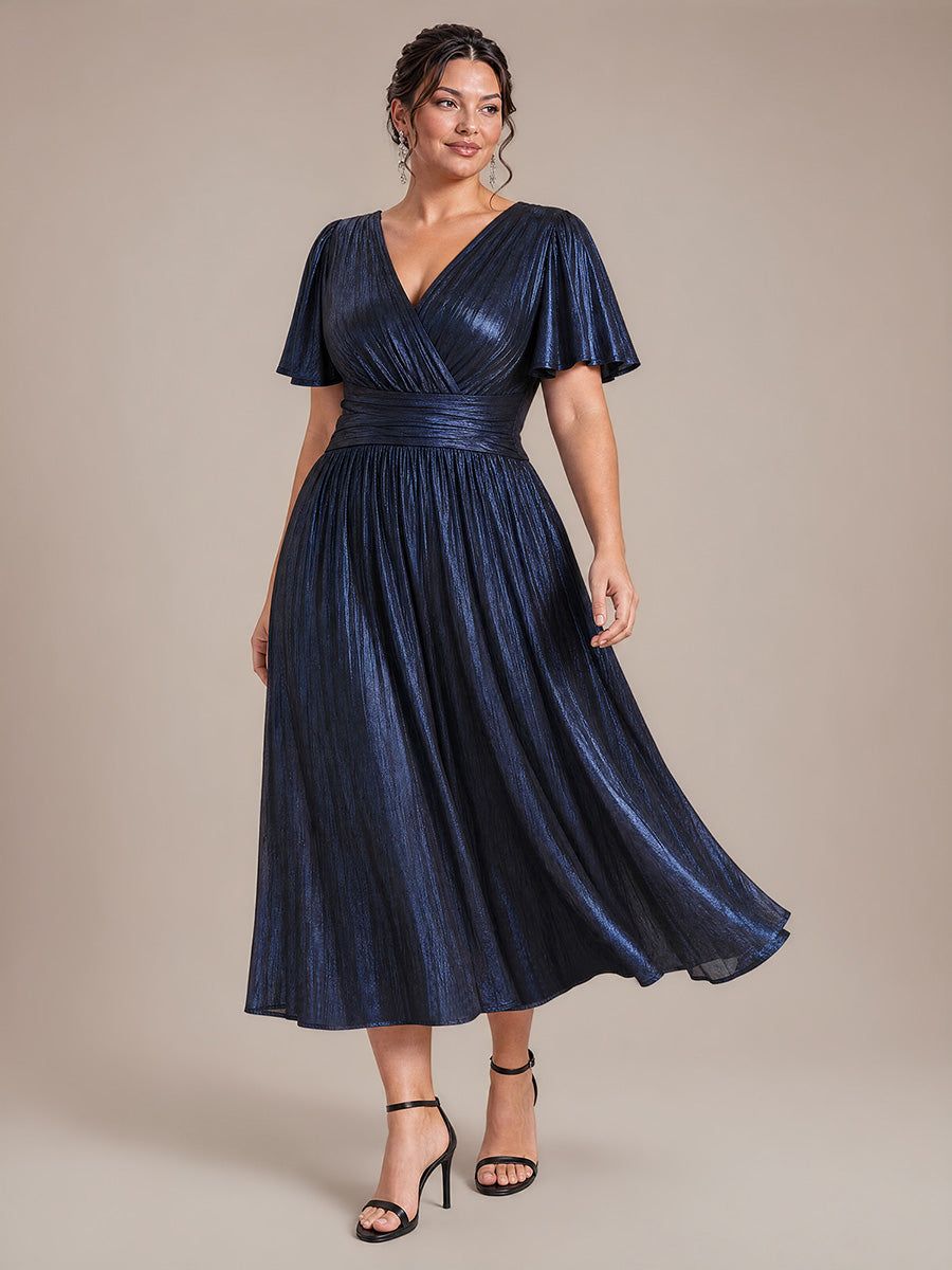Plus Size Metallic Knit Ruffle Sleeve Wedding Guest Dress #color_Navy Blue