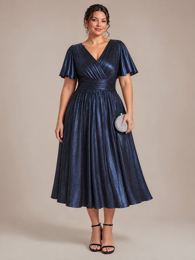 Plus Size Metallic Knit Ruffle Sleeve Wedding Guest Dress