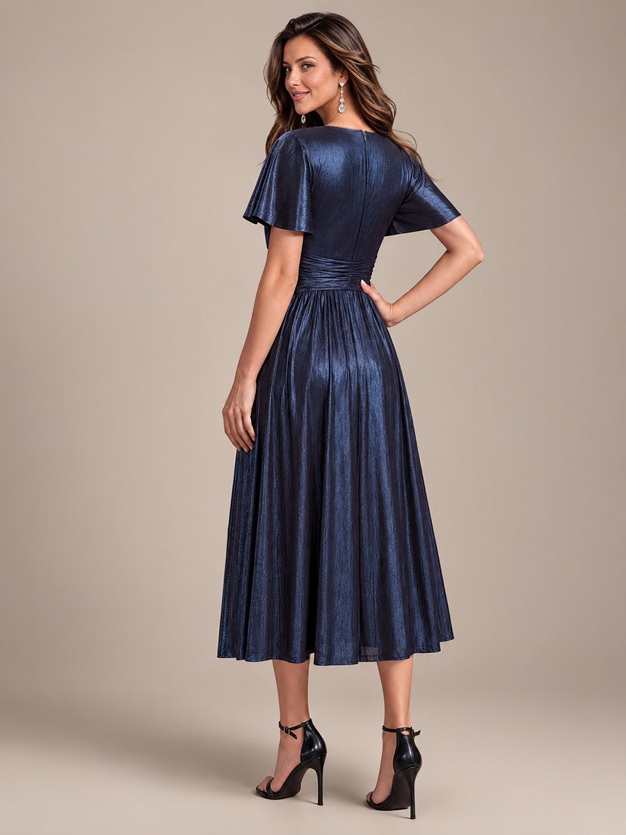 Metallic Knit Ruffle Sleeve Full Skirt Wedding Guest Dress #color_Navy Blue