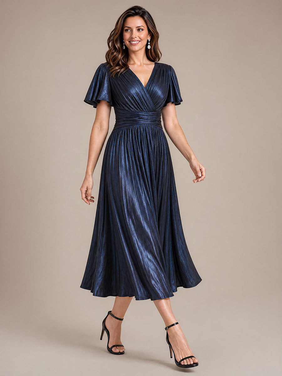 Metallic Knit Ruffle Sleeve Full Skirt Wedding Guest Dress #color_Navy Blue