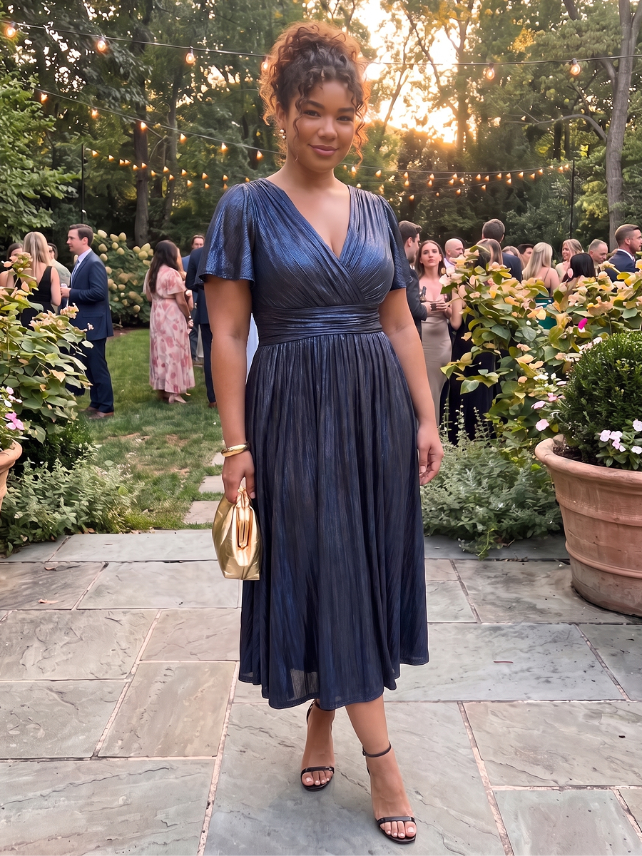 Metallic Knit Ruffle Sleeve Full Skirt Wedding Guest Dress #color_Navy Blue