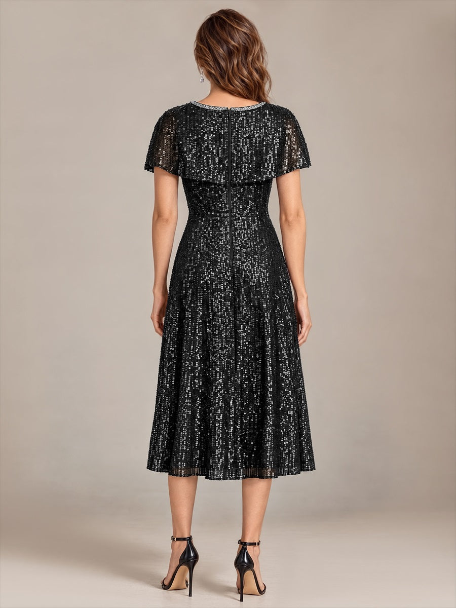 Sequin Cape Sleeve Bodycon Wedding Guest Dress #color_Black