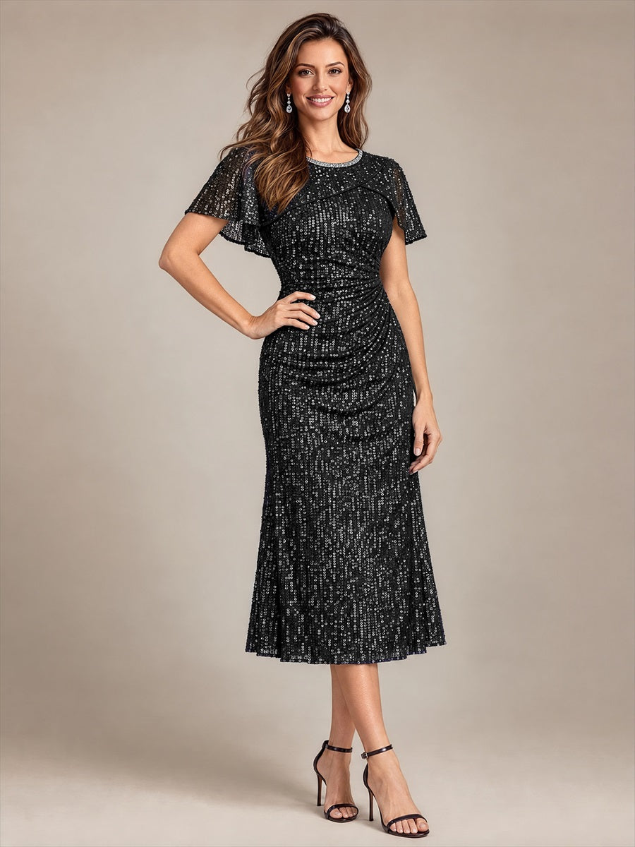 Sequin Cape Sleeve Bodycon Wedding Guest Dress #color_Black