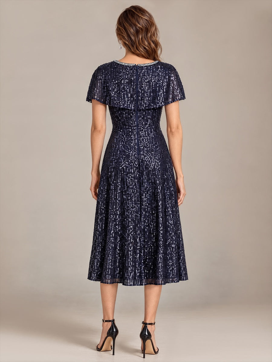 Sequin Cape Sleeve Bodycon Wedding Guest Dress #color_Navy Blue