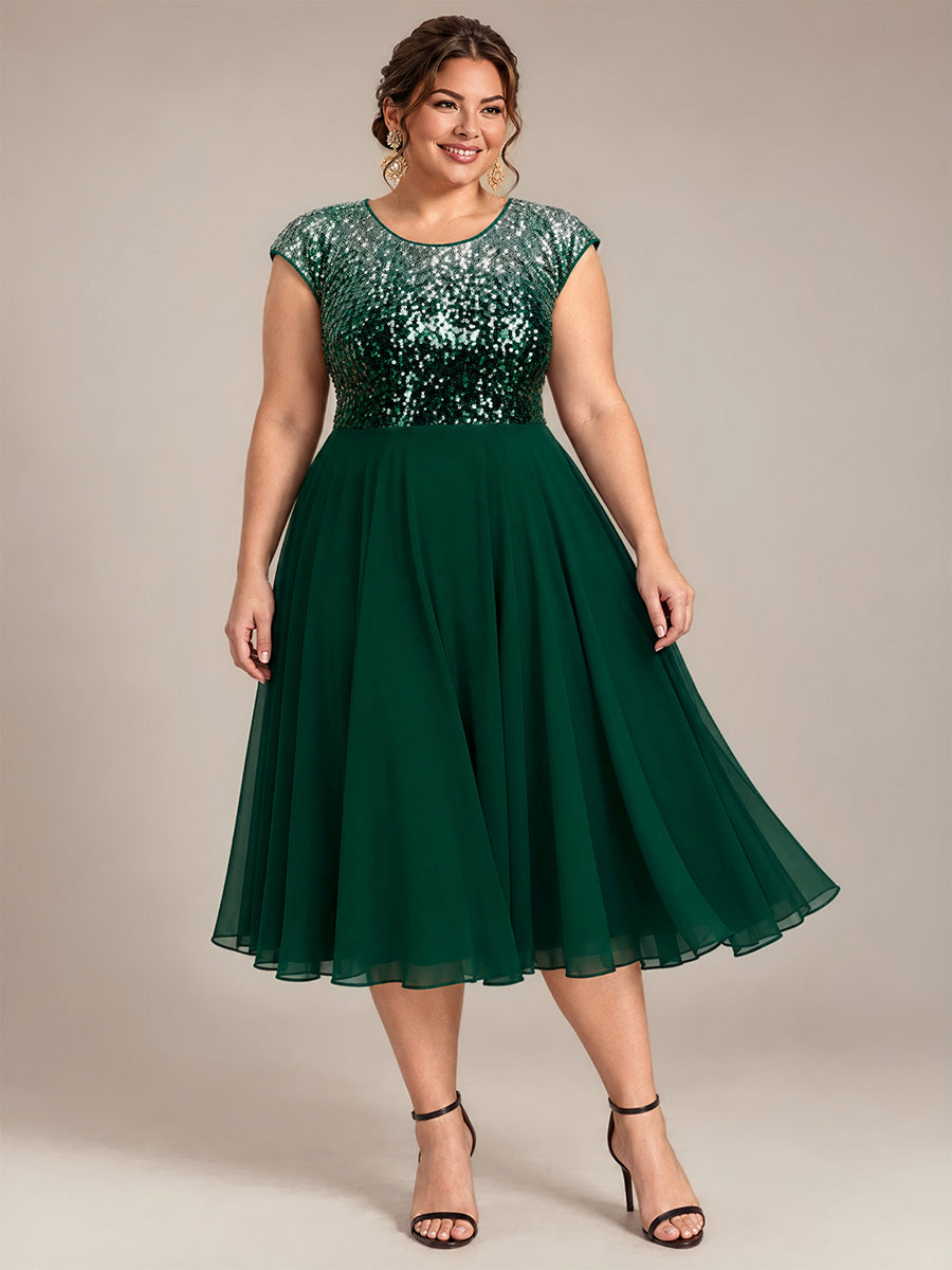 Plus Size Sequin Round Neck Wedding Guest Dress #color_Green Silver