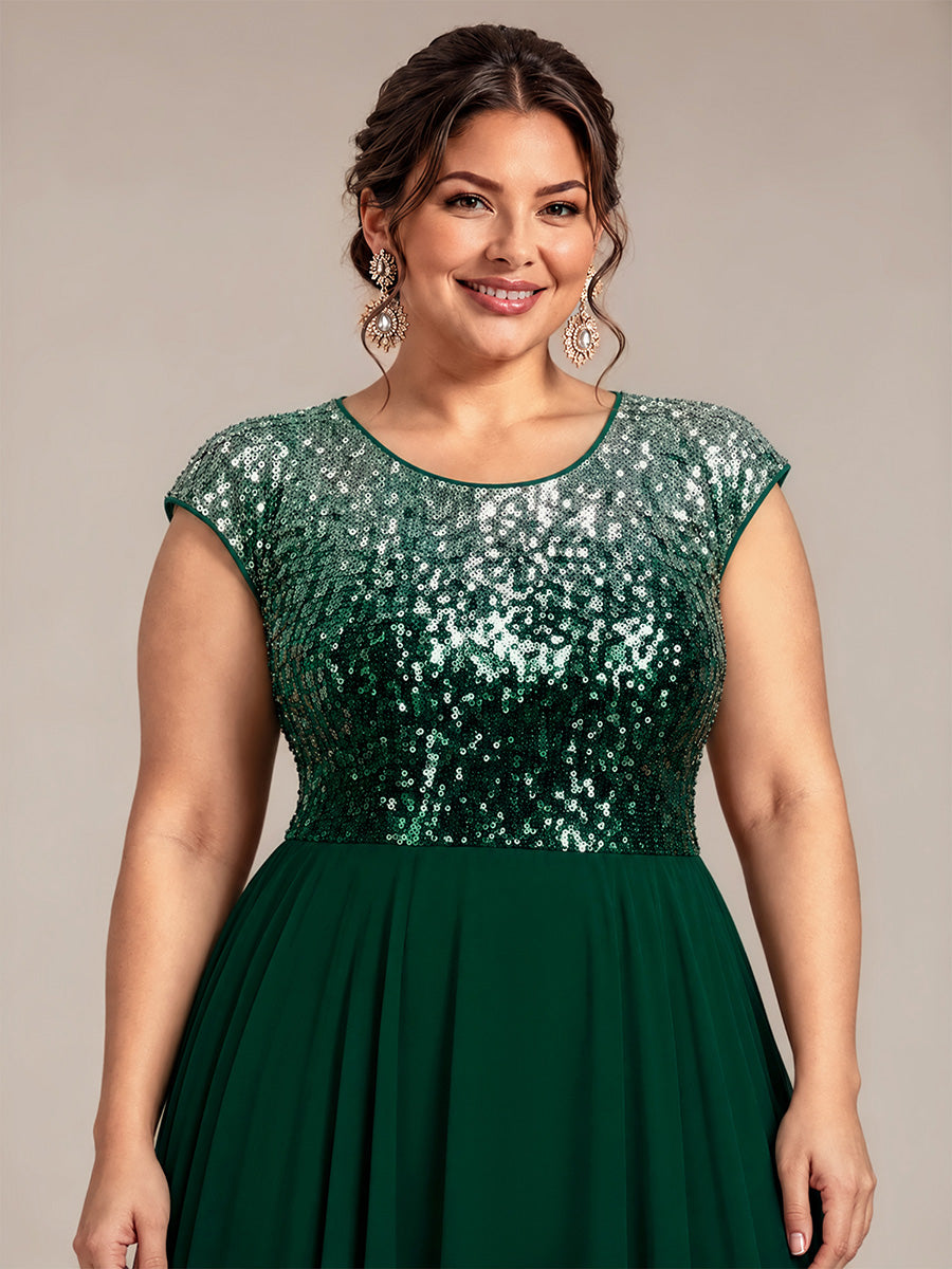 Plus Size Sequin Round Neck Wedding Guest Dress #color_Green Silver