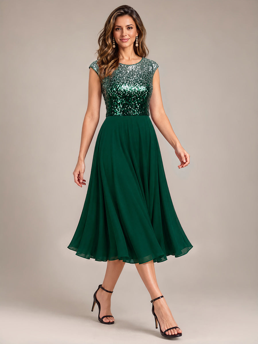 Sequin Cap Sleeve Round Neck Wedding Guest Dress #color_Green Silver