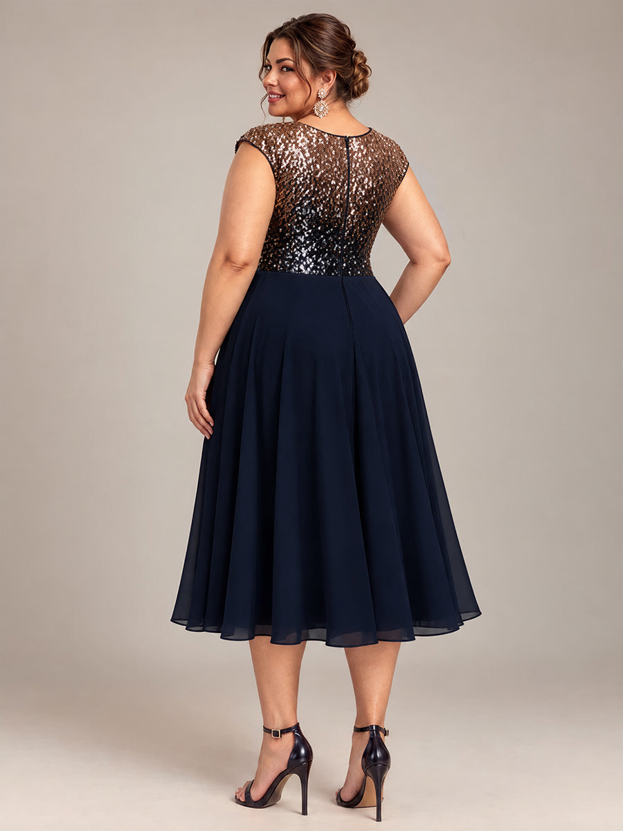Plus Size Sequin Round Neck Wedding Guest Dress #color_Navy Champagne