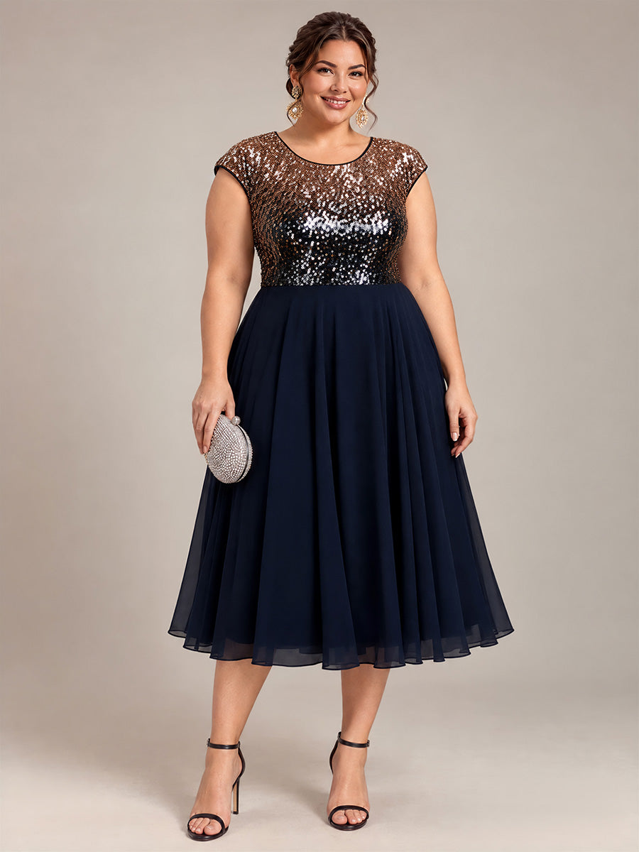 Sequin Cap Sleeve Round Neck Wedding Guest Dress #color_Navy Champagne