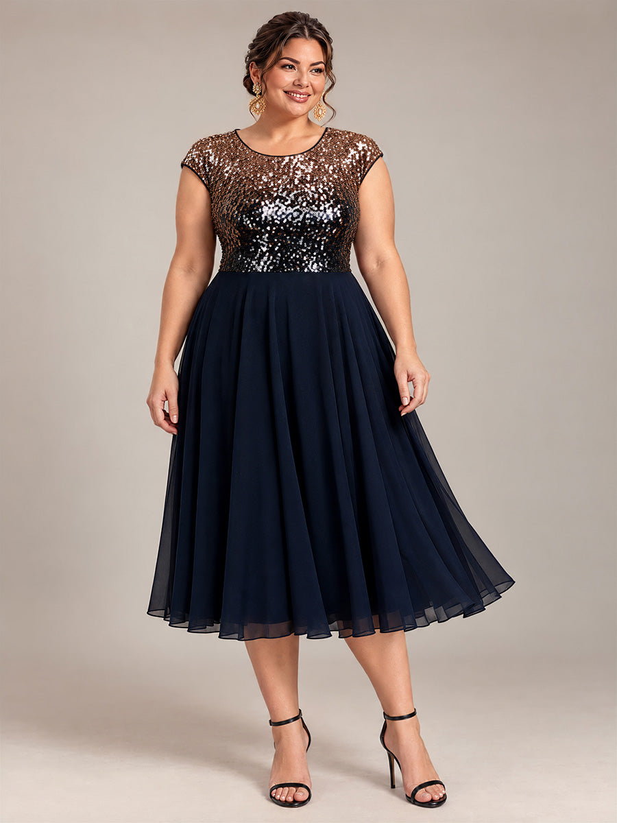 Plus Size Sequin Round Neck Wedding Guest Dress #color_Navy Champagne