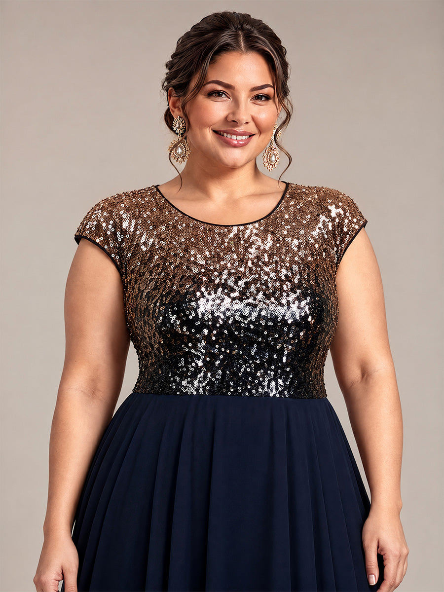 Plus Size Sequin Round Neck Wedding Guest Dress #color_Navy Champagne