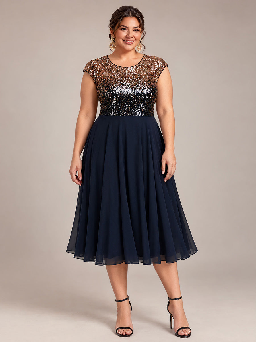 Plus Size Sequin Round Neck Wedding Guest Dress #color_Navy Champagne