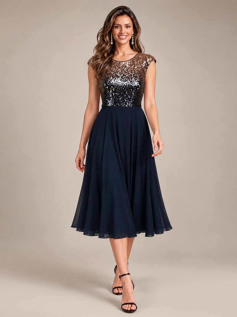 Sequin Cap Sleeve Round Neck Wedding Guest Dress #color_Navy Champagne