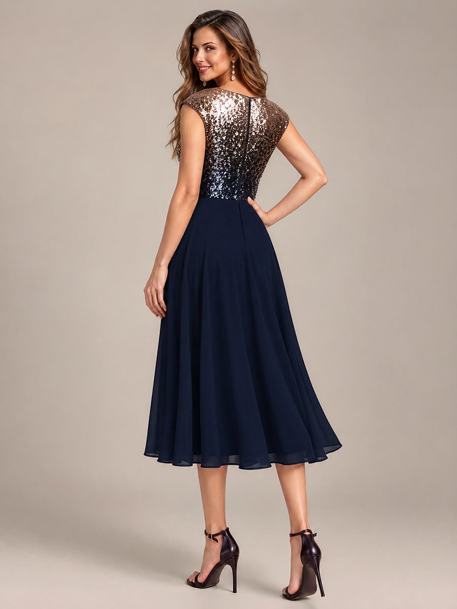 Sequin Cap Sleeve Round Neck Wedding Guest Dress #color_Navy Champagne
