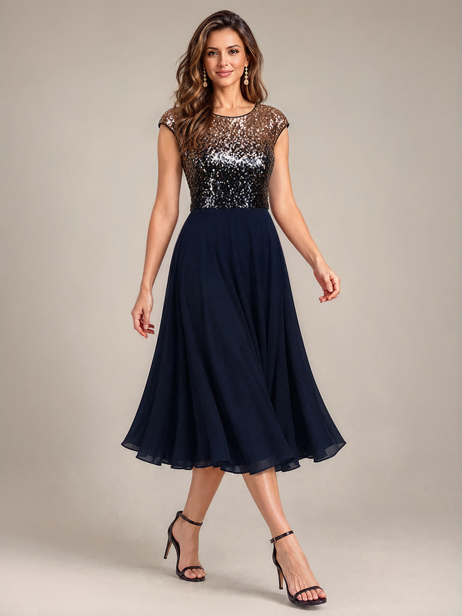 Sequin Cap Sleeve Round Neck Wedding Guest Dress #color_Navy Champagne