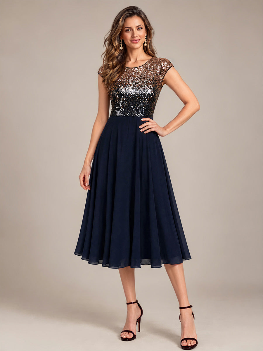 Sequin Cap Sleeve Round Neck Wedding Guest Dress #color_Navy Champagne