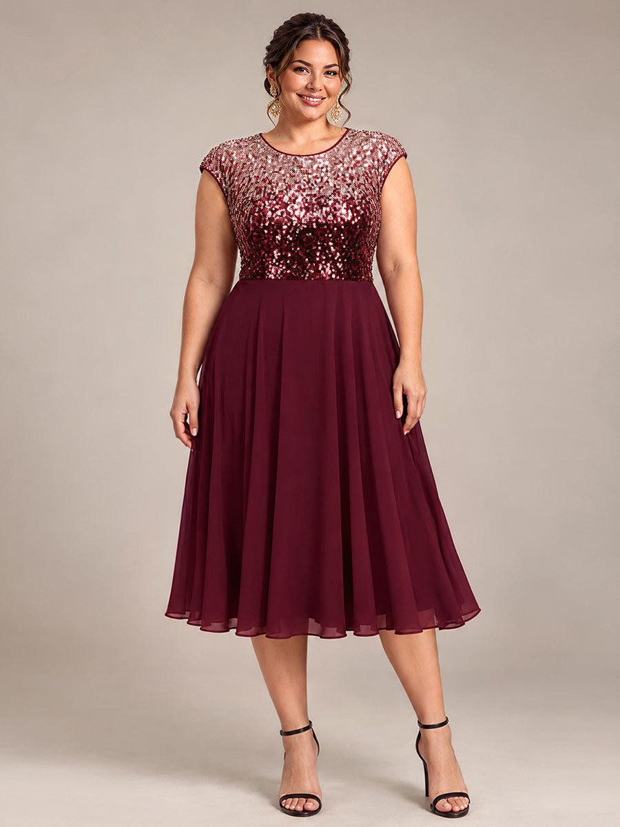 Sequin Cap Sleeve Round Neck Wedding Guest Dress #color_Burgundy Pink