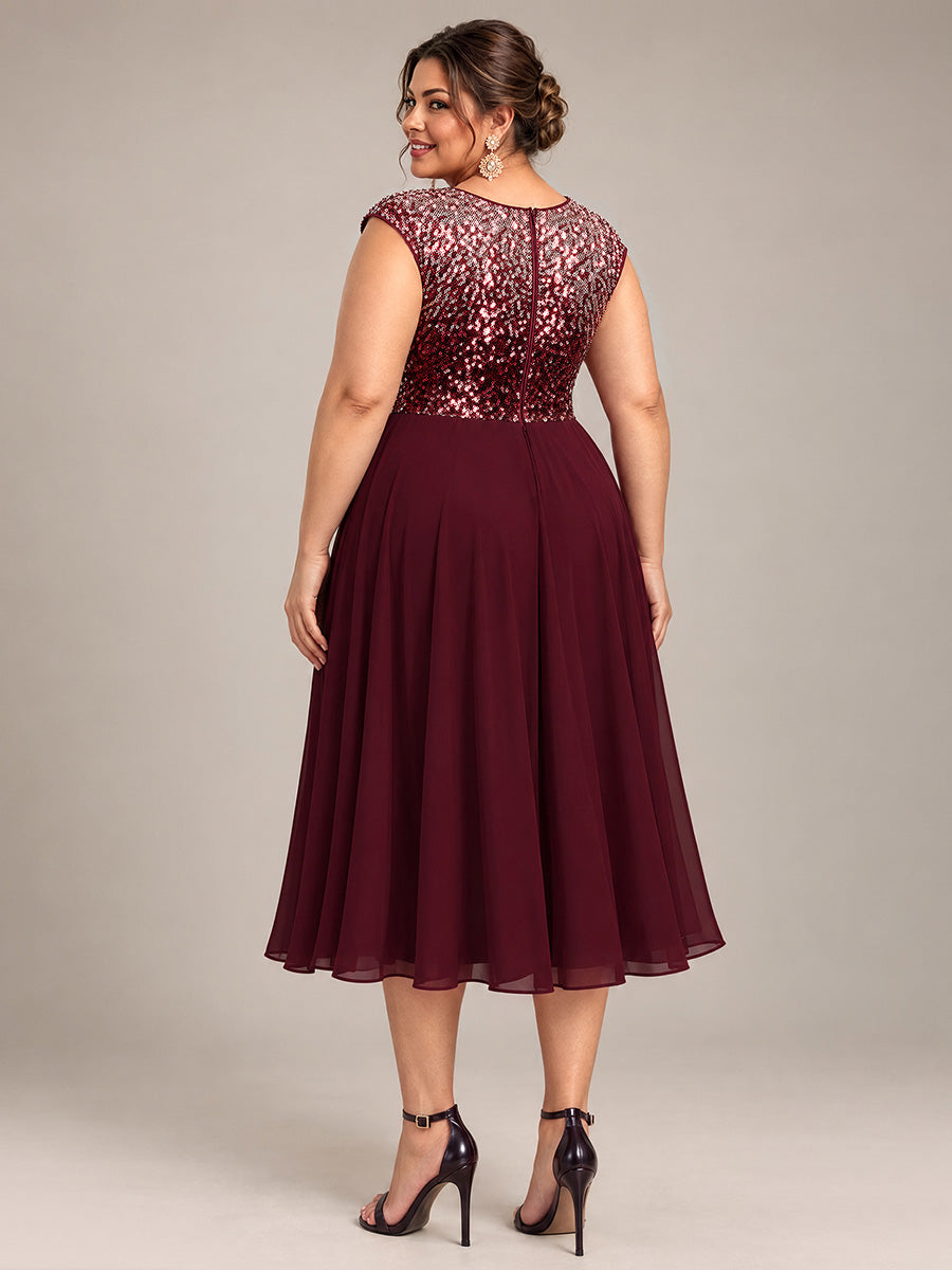 Plus Size Sequin Round Neck Wedding Guest Dress #color_Burgundy Pink