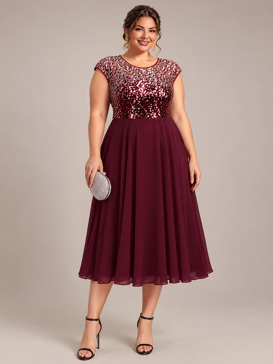 Sequin Cap Sleeve Round Neck Wedding Guest Dress #color_Burgundy Pink