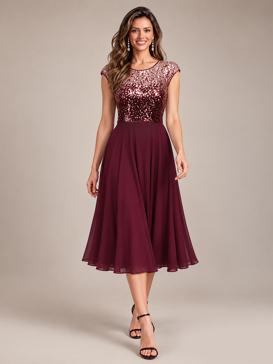 Sequin Cap Sleeve Round Neck Wedding Guest Dress #color_Burgundy Pink