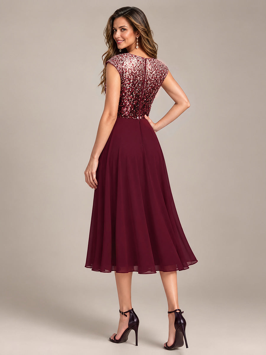 Sequin Cap Sleeve Round Neck Wedding Guest Dress #color_Burgundy Pink